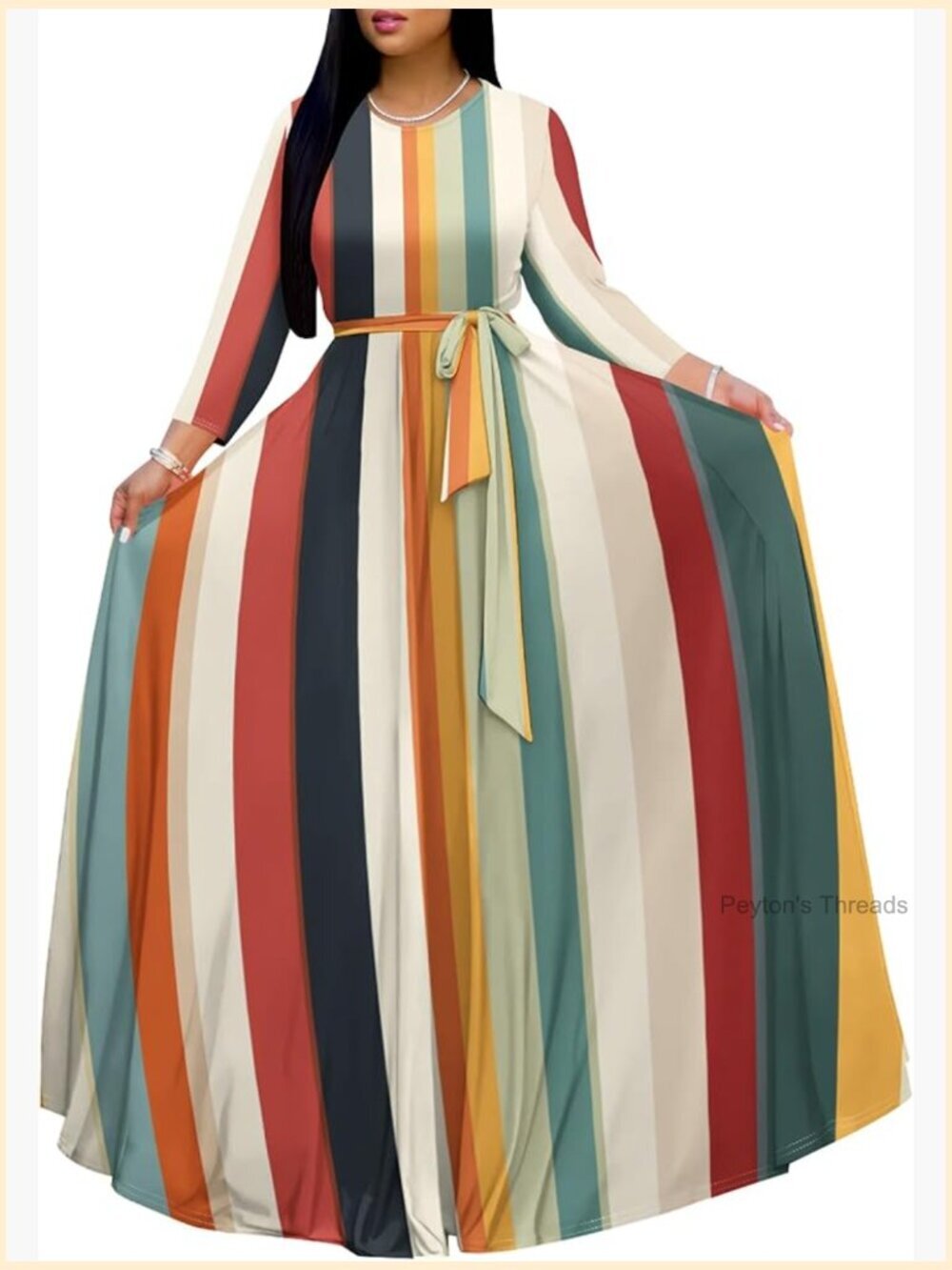 Plus Size Maxi Dress Floral Print 3/4 Sleeve Crewneck Floor Length with Belt